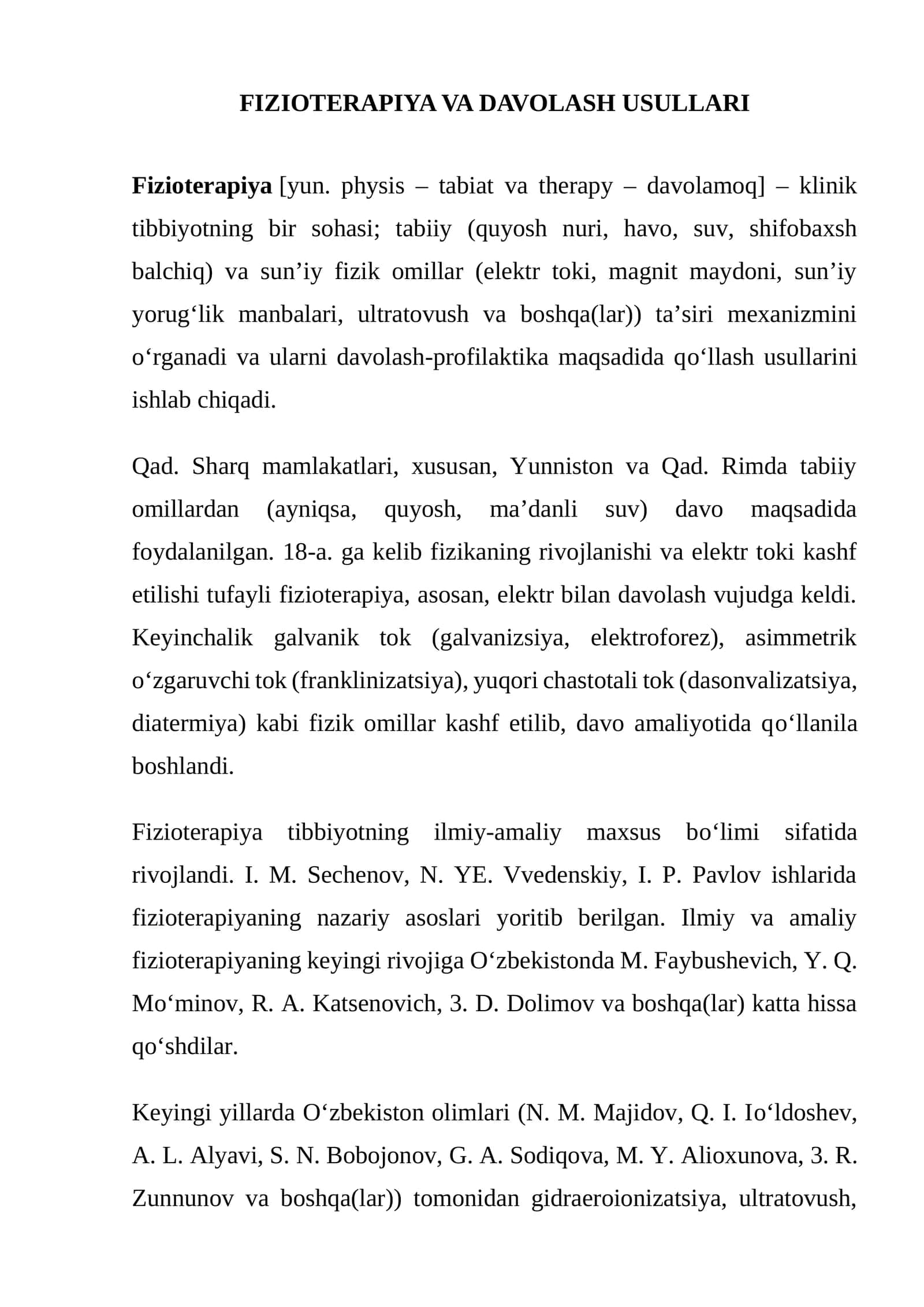 FIZIOTERAPIYA VA DAVOLASH USULLARI