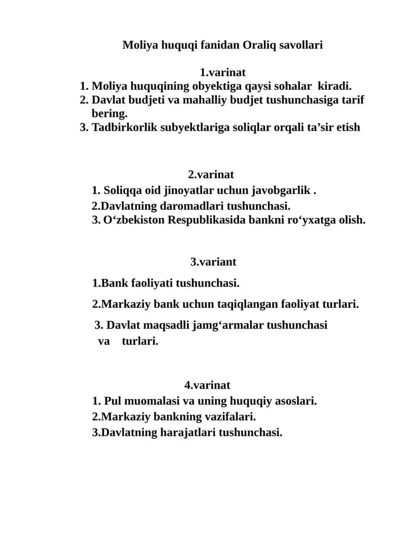 Moliya huquqi fanidan Oraliq savollari