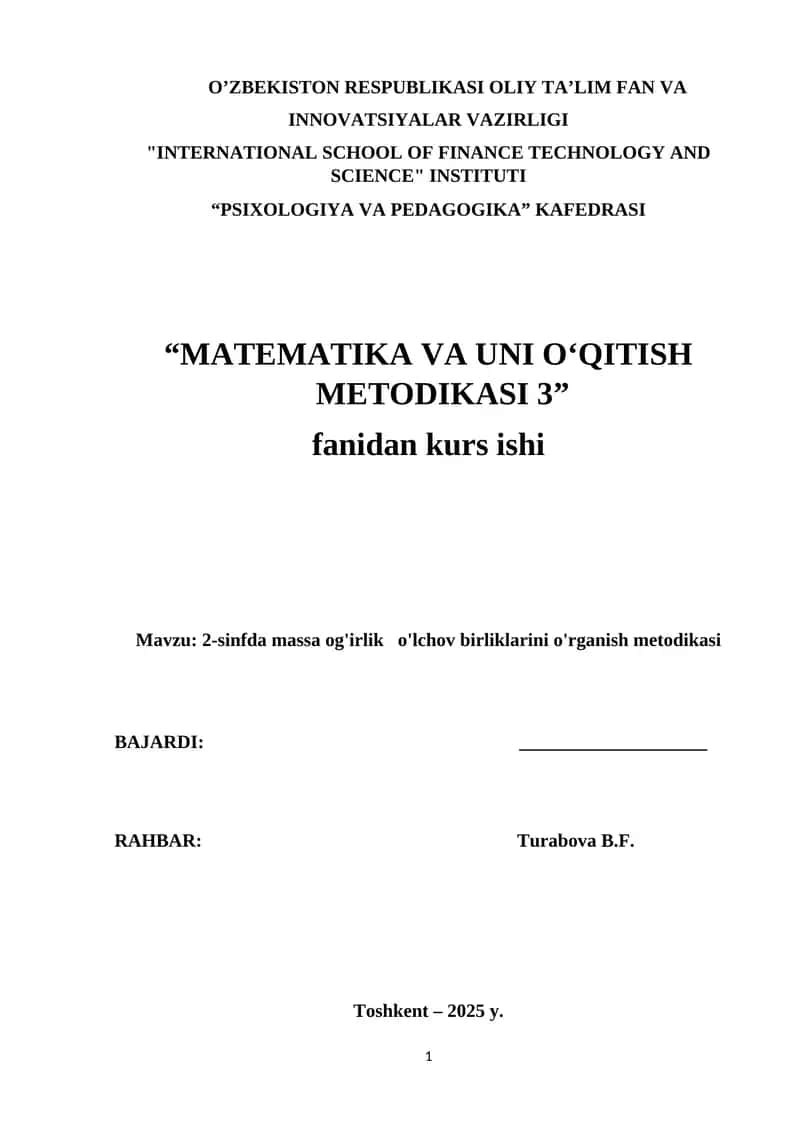 MATEMATIKA VA UNI O‘QITISH METODIKASI 3