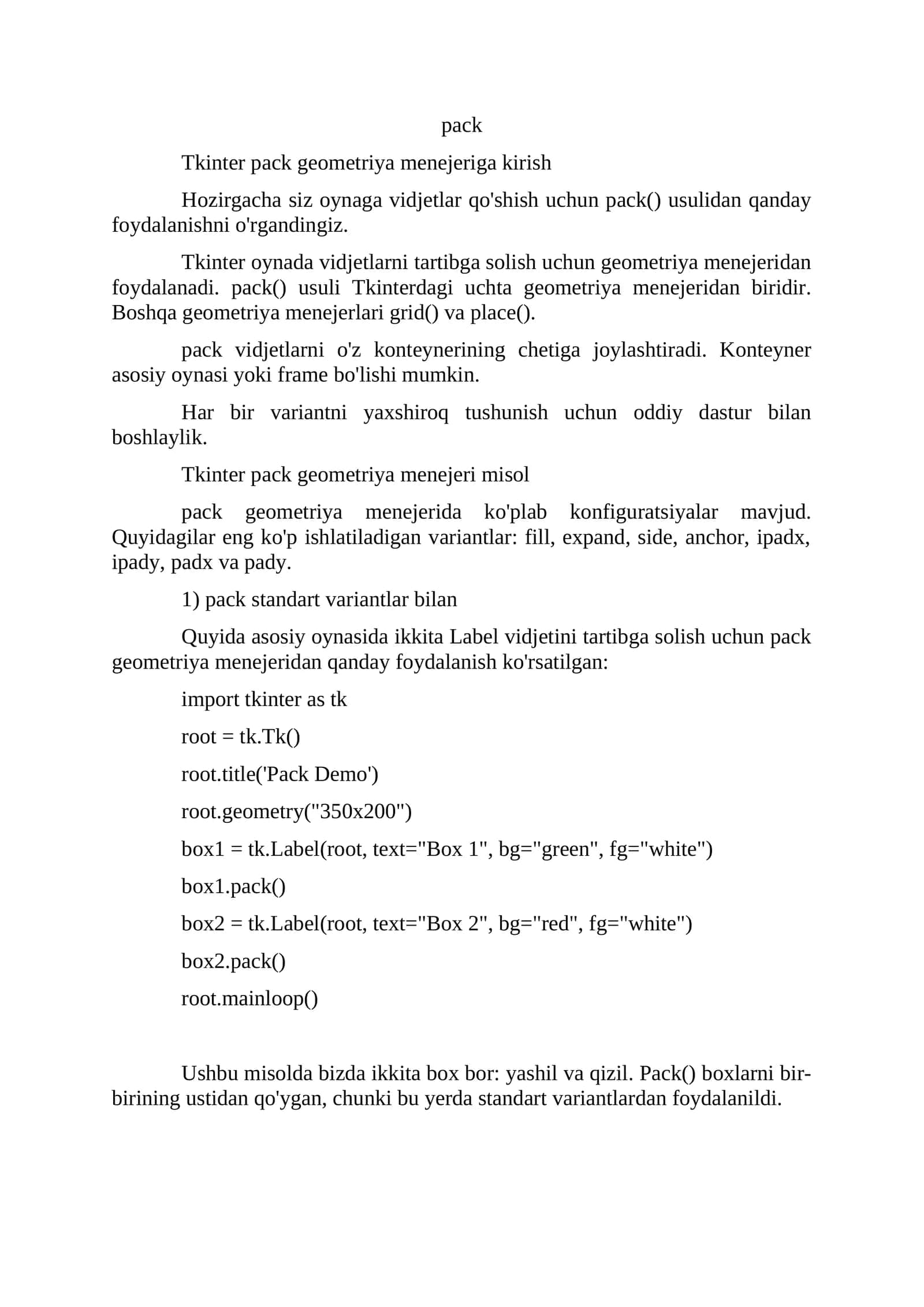 Tkinter pack geometriya menejeriga kirish