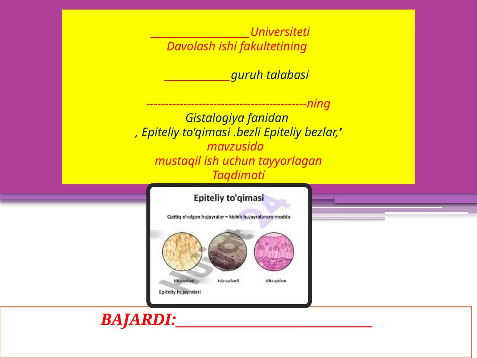 Gistalogiyafanidan Epiteliy To'qimasi va Bezli Epiteliy Bezlar