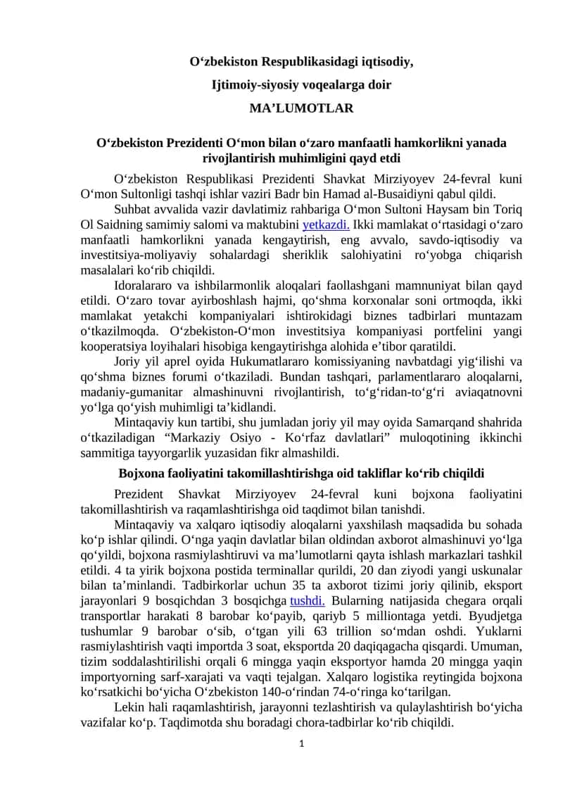 Oʻzbekiston Respublikasidagi iqtisodiy, Ijtimoiy-siyosiy voqealarga doir MAʼLUMOTLAR