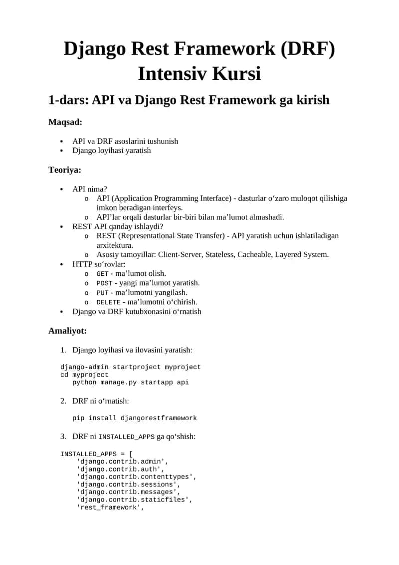Django Rest Framework (DRF) Intensiv Kursi