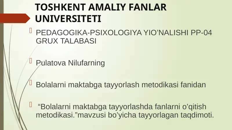 Bolalarni maktabga tayyorlashda fanlarni o’qitish metodikasi