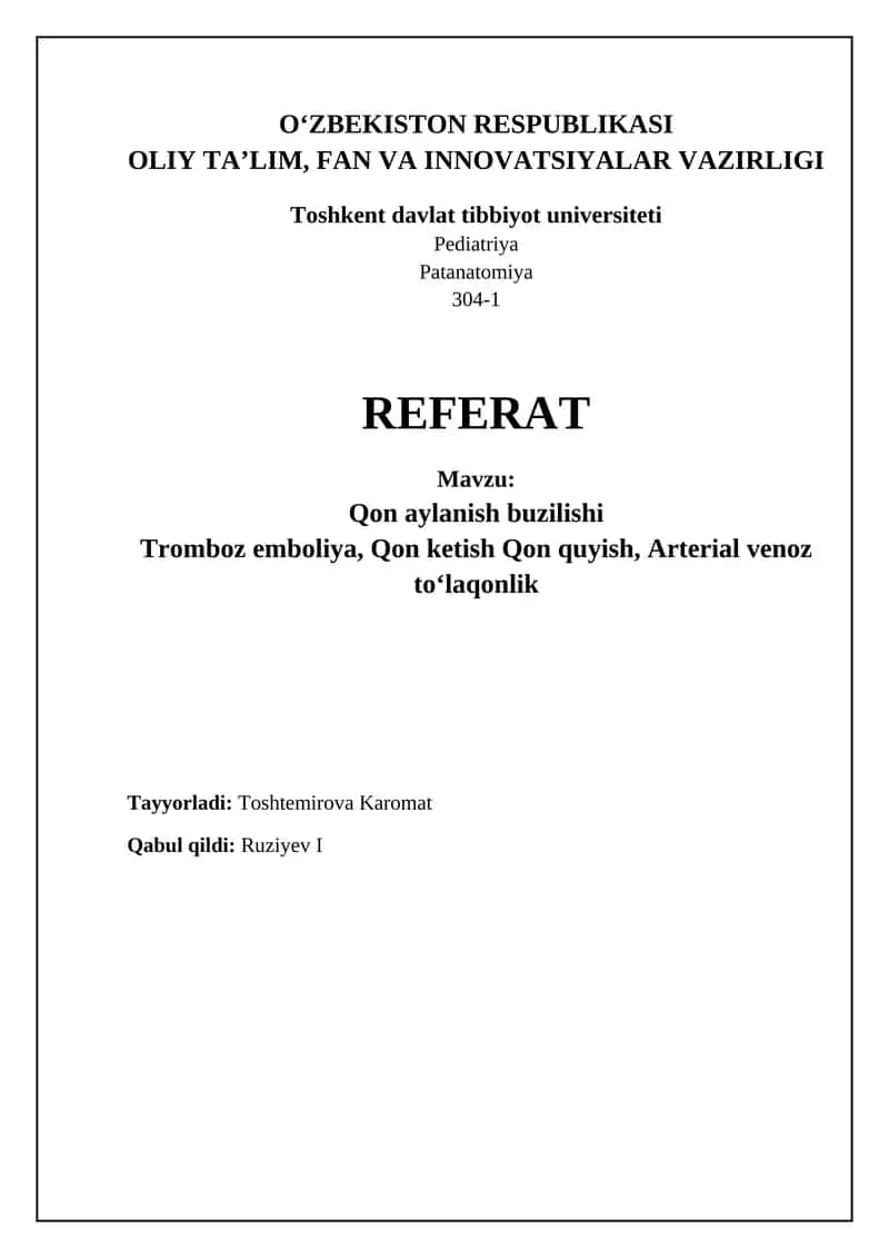 Qon Aylanishi Buzilishi Referat