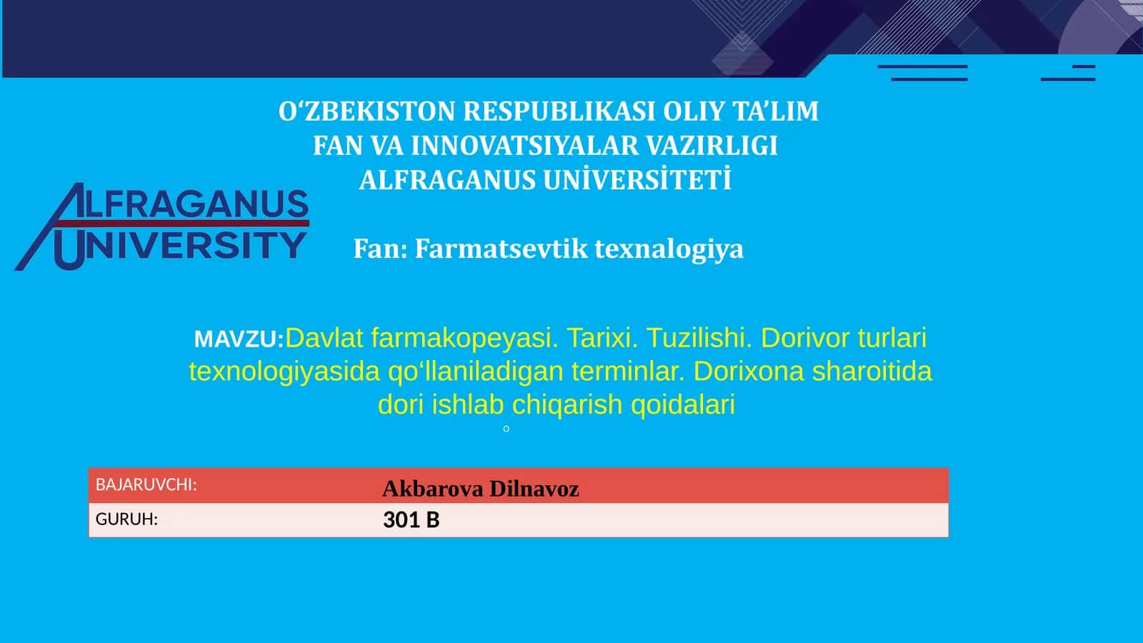 Davlat farmakopeyasi. Tarixi. Tuzilishi. Dorivor turlari texnologiyasida qo‘llaniladigan terminlar. Dorixona sharoitida dori ishlab chiqarish qoidalari
