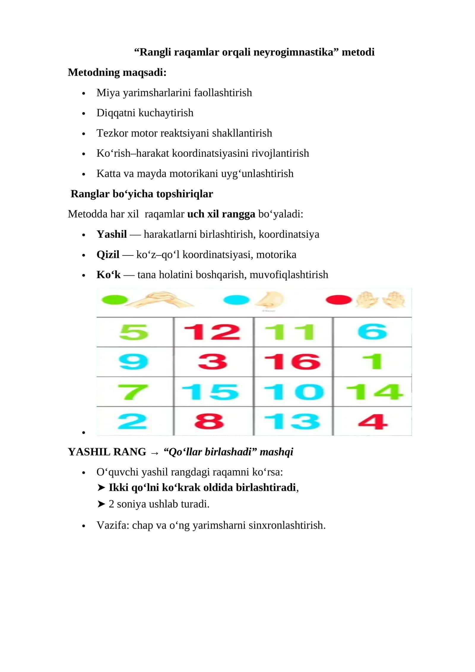 Rangli raqamlar orqali neyrogimnastika metodi