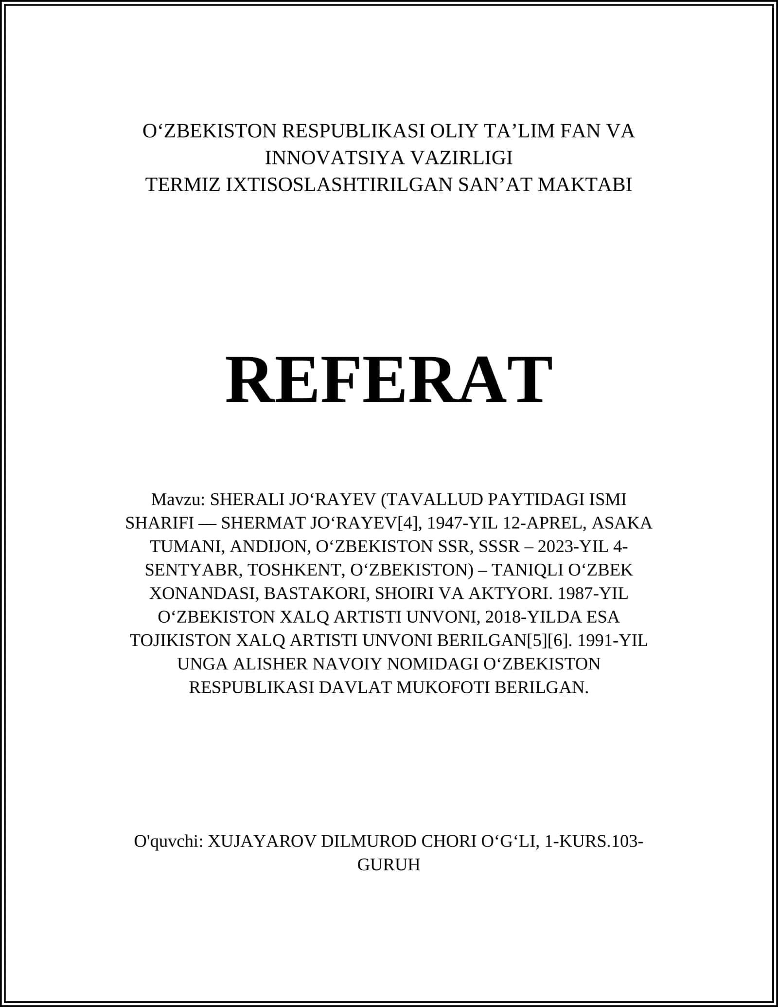 REFERAT Mavzu: SHERALI JOʻRAYEV