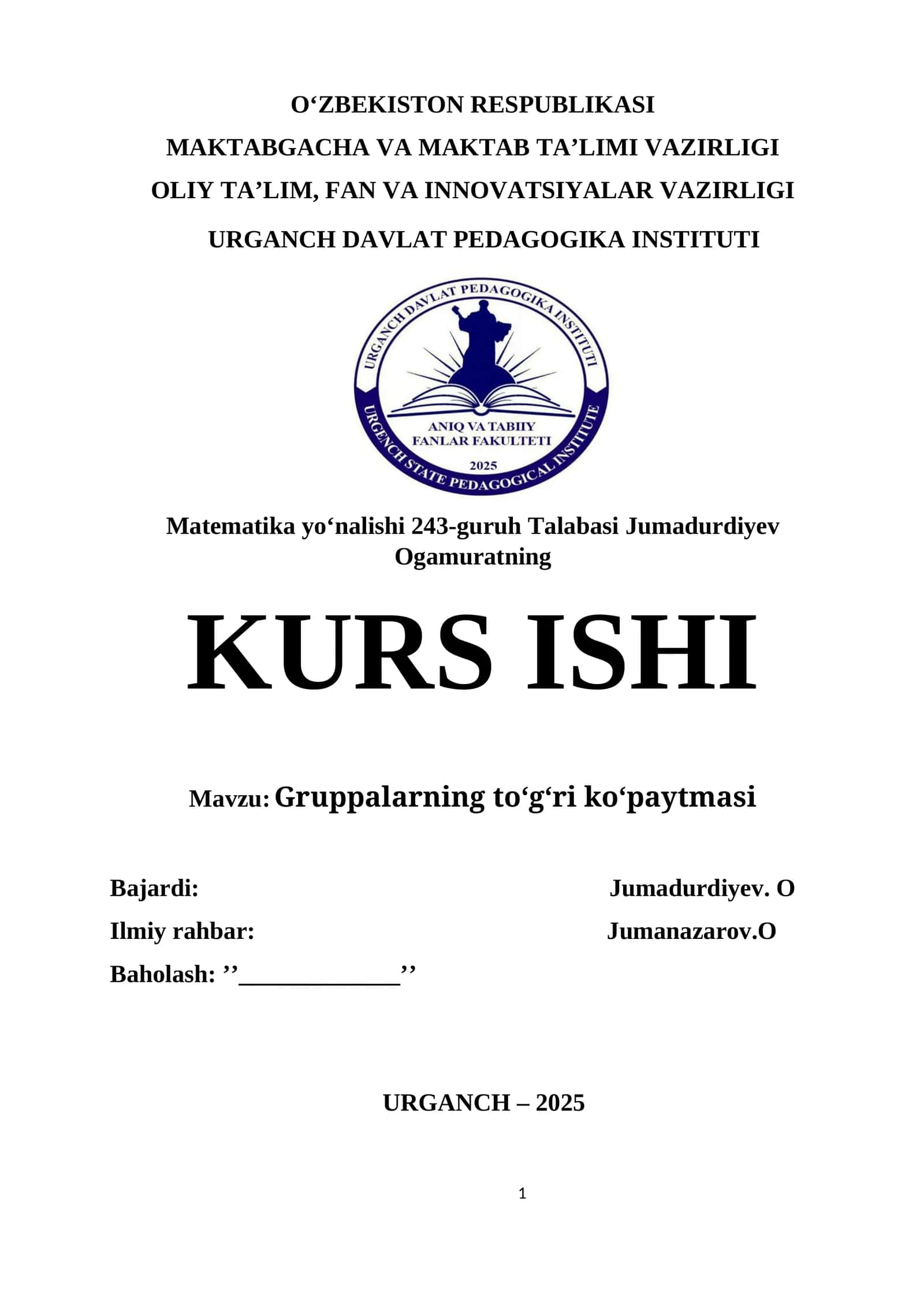 Algebra. GRUPPALARNING TOGRI KOPAYTMASI