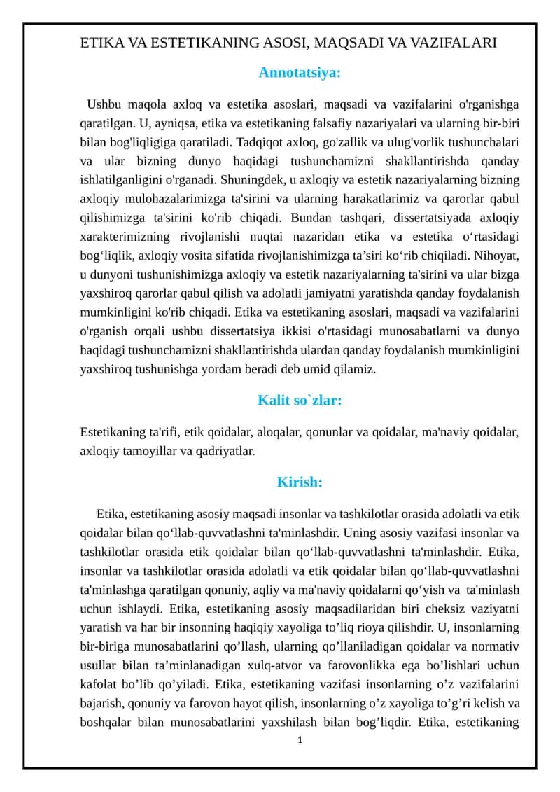 ETIKA VA ESTETIKANING ASOSI, MAQSADI VA VAZIFALARI