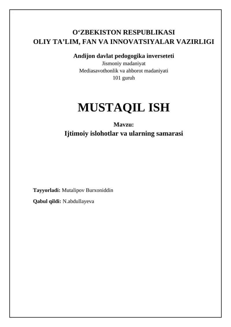 Ijtimoiy islohotlar va ularning samarasi