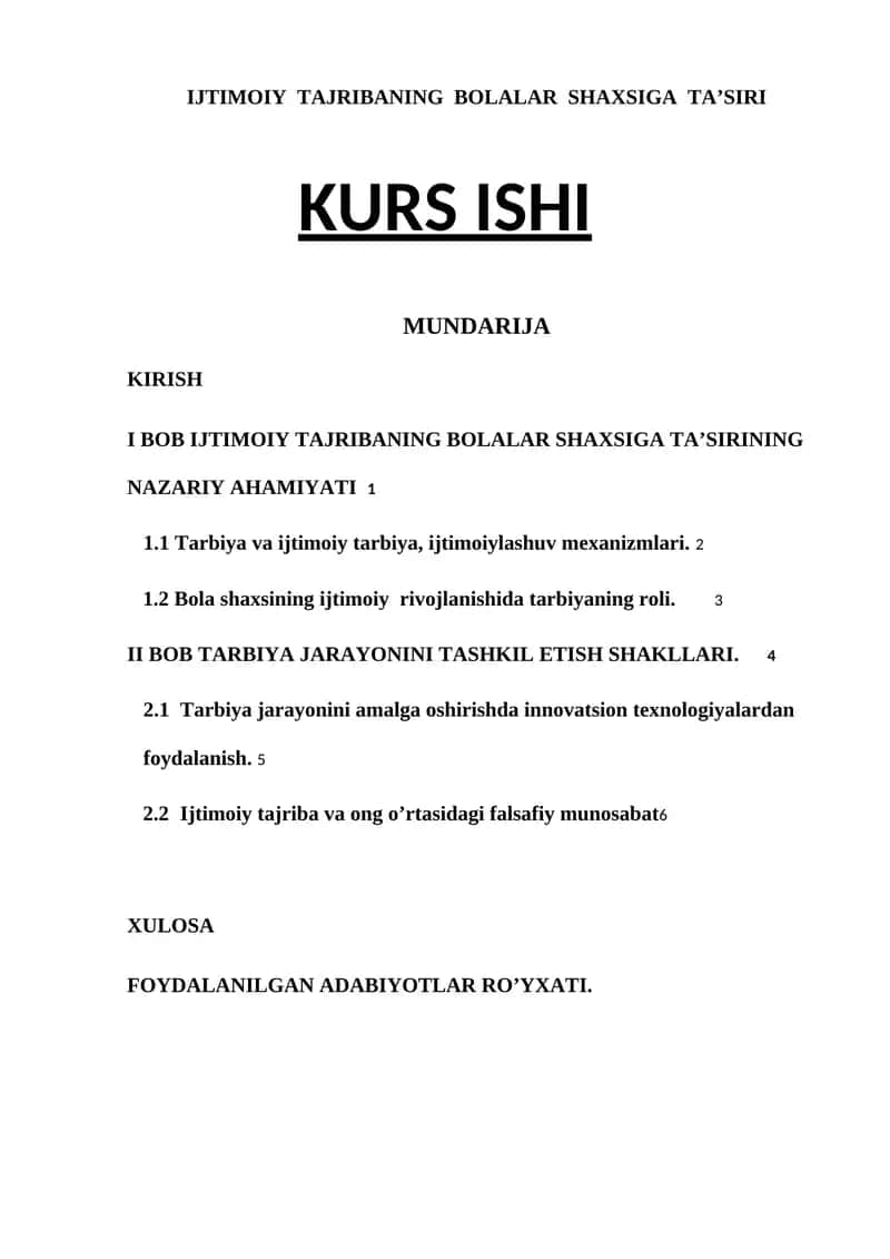 IJTIMOIY TAJRIBANING BOLALAR SHAXSIGA TA’SIRI KURS ISHI
