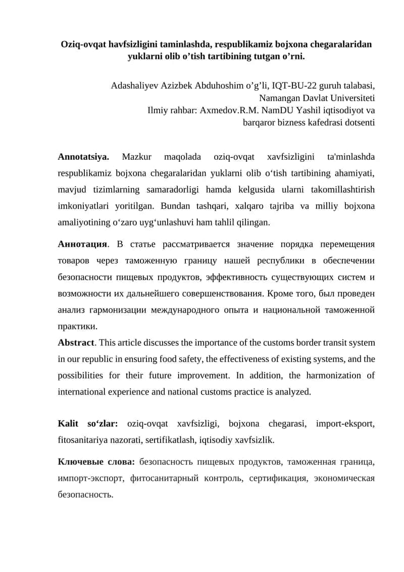 Oziq ovqat havfsizligini taʼminlashda, Respublikamiz bojxona chegaralaridan yuklarni olib oʻtish.