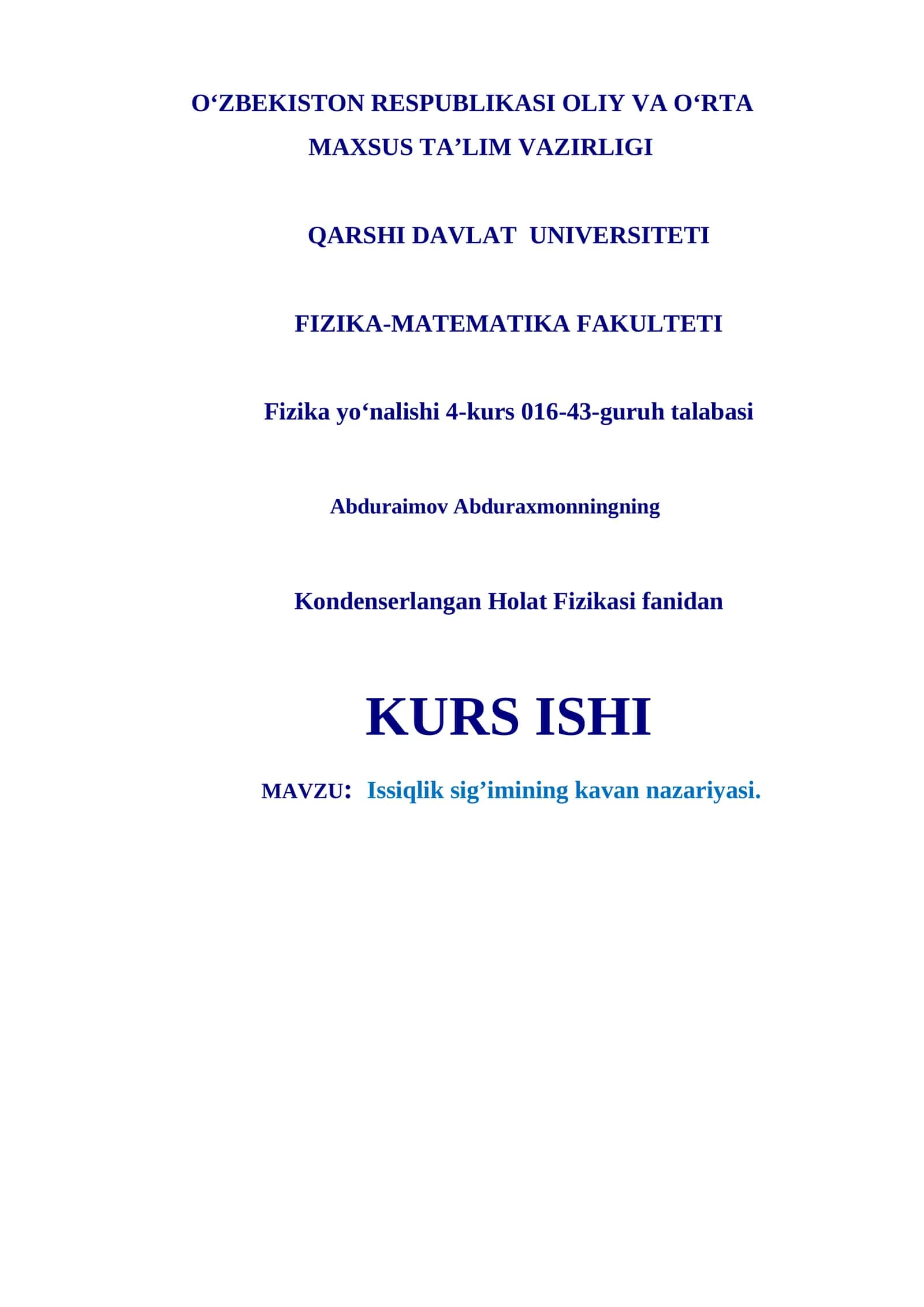 Kondenserlangan Holat Fizikasi fanidan KURS ISHI