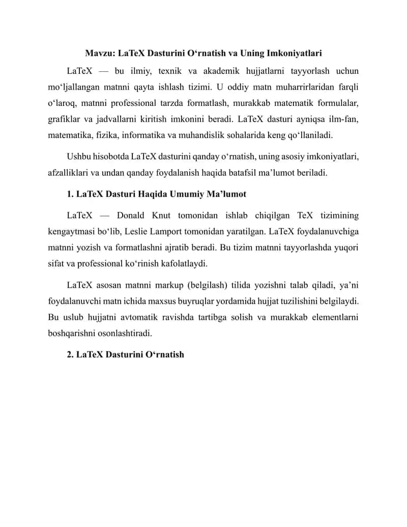 LaTeX Dasturini O‘rnatish va Uning Imkoniyatlari