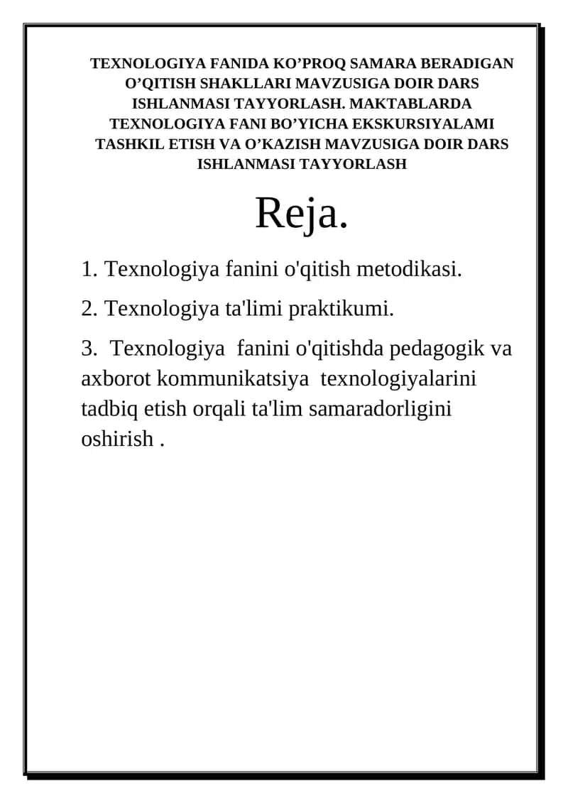 Texnologiya Fani Dars Ishlanmasi