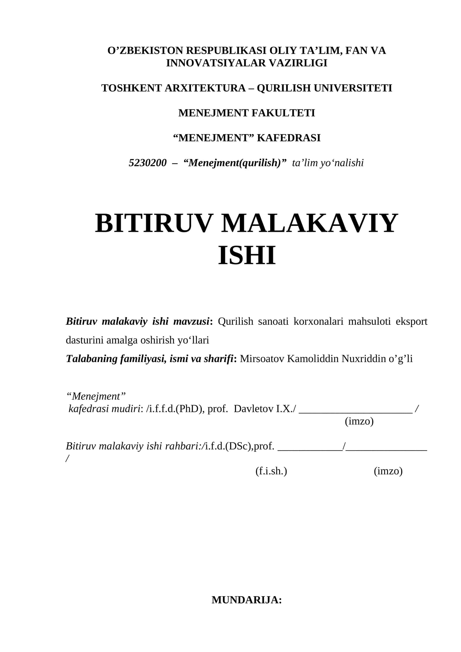 Qurilish sanoati korxonalari mahsuloti eksport dasturini amalga oshirish yo‘llari