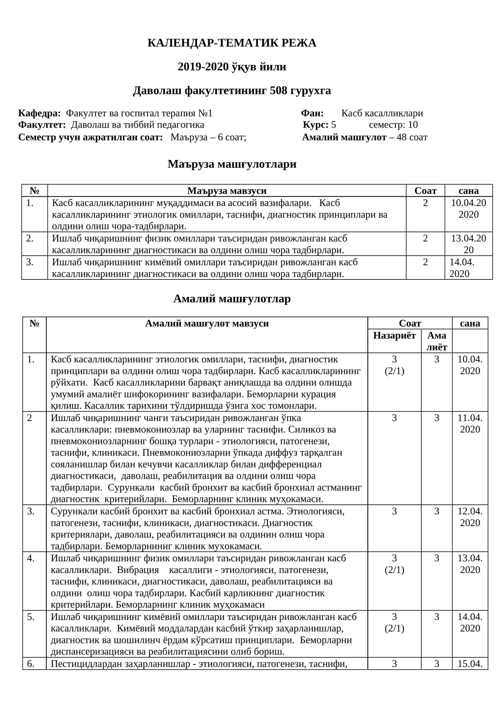КАЛЕНДАР-ТЕМАТИК РЕЖА 2019-2020 ўқув йили