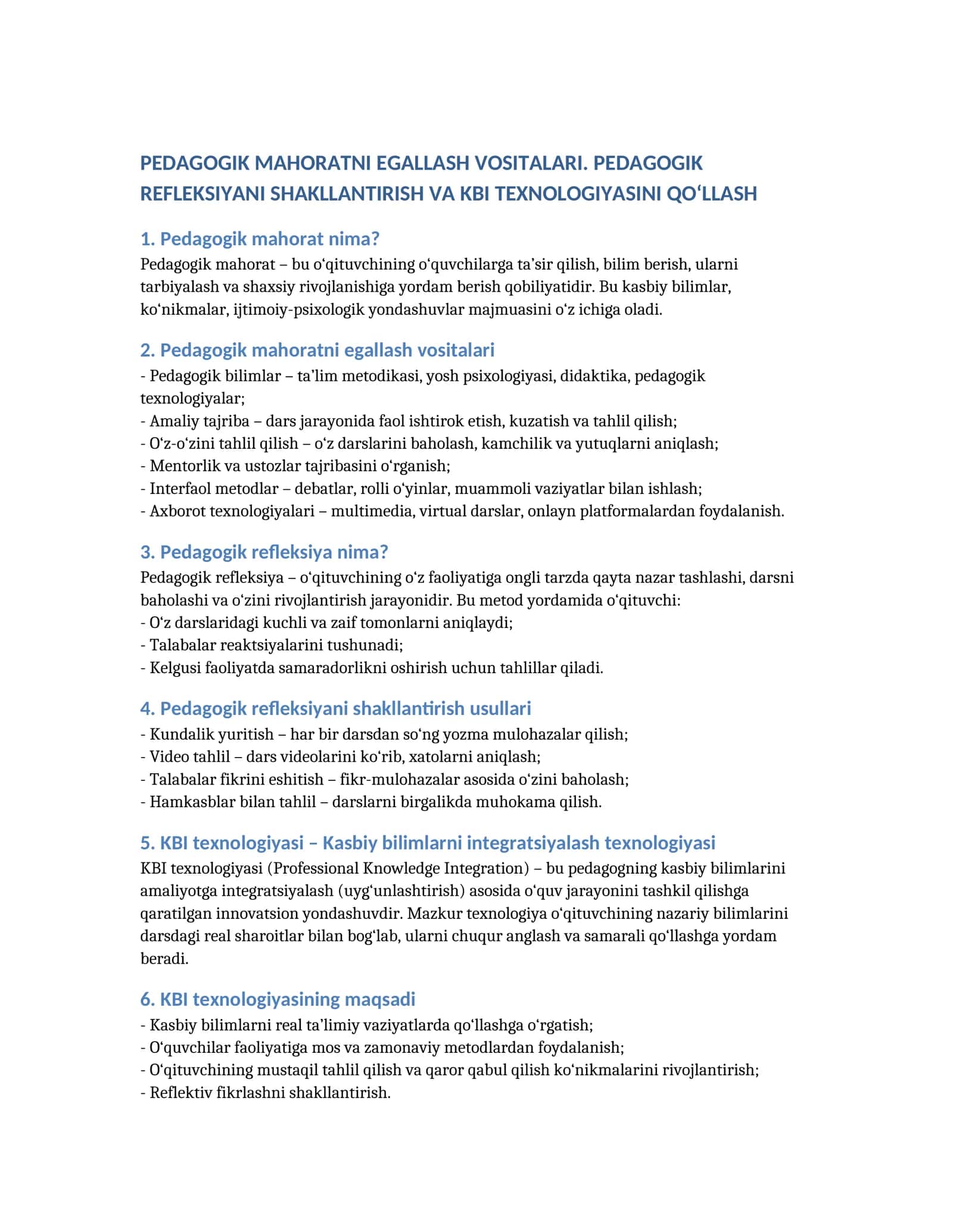 PEDAGOGIK MAHORATNI EGALLASH VOSITALARI. PEDAGOGIK REFLEKSIYANI SHAKLLANTIRISH VA KBI TEXNOLOGIYASINI QO‘LLASH