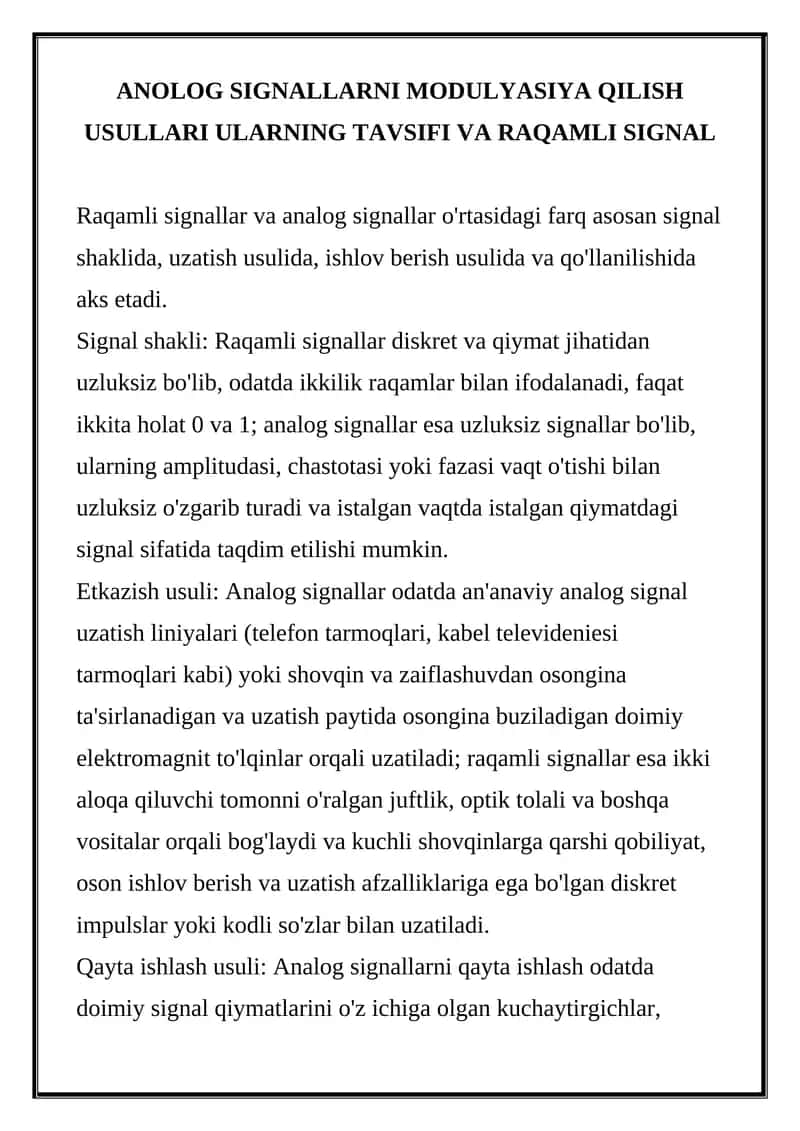 ANOLOG SIGNALLARNI MODULYASIYA QILISH USULLARI