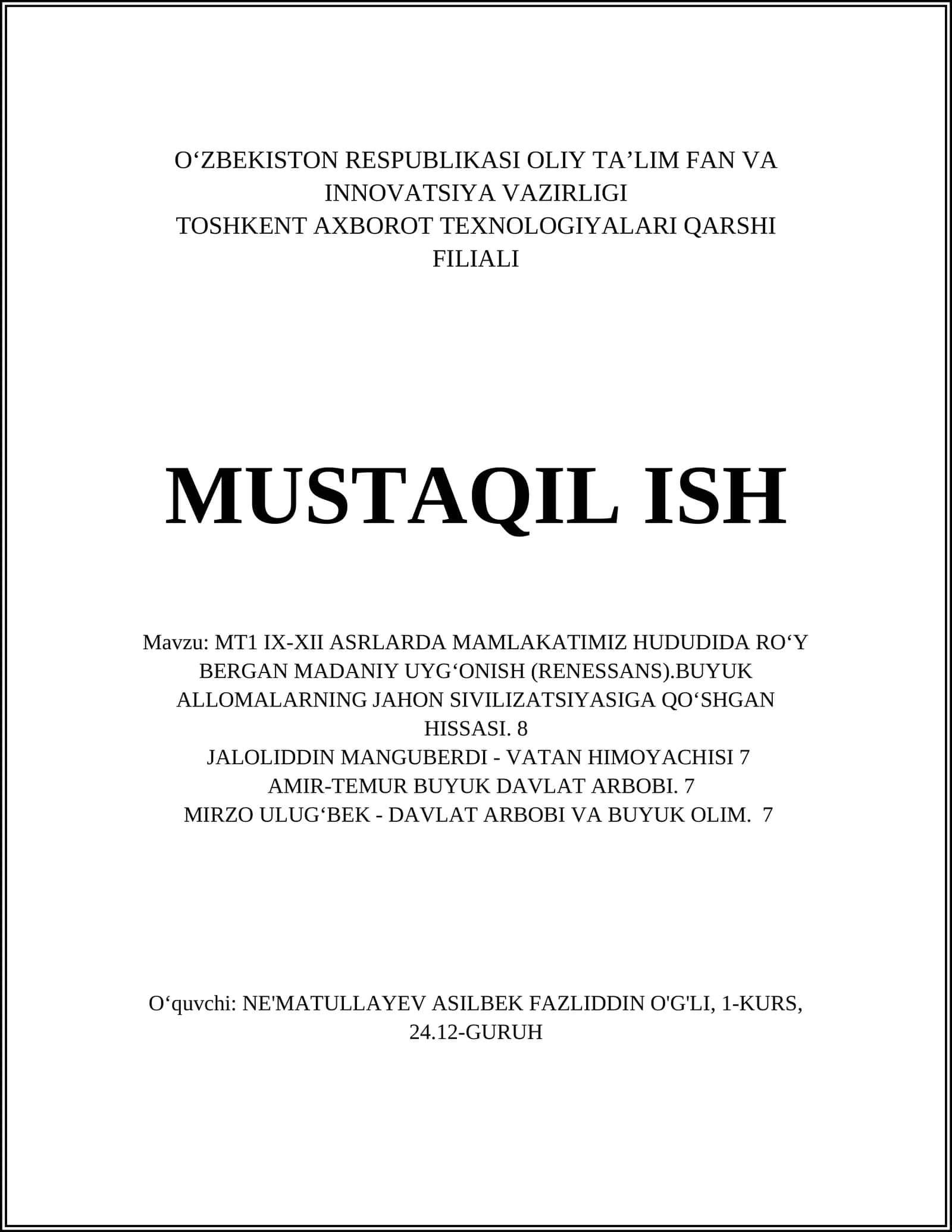 MT1 IX-XII ASRLARDA MAMLAKATIMIZ HUDUDIDA RO\'Y BERGAN MADANIY UYG‘ONISH (RENESSANS)
