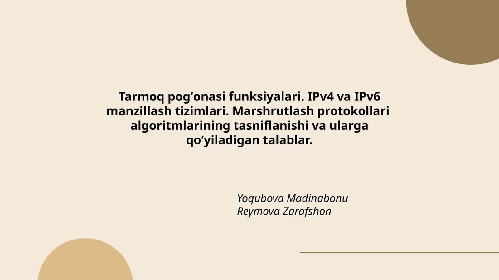 Tarmoq pogʻonasi funksiyalari. IPv4 va IPv6 manzillash tizimlari. Marshrutlash protokollari algoritmlarining tasniflanishi va ularga qoʻyiladigan talablar