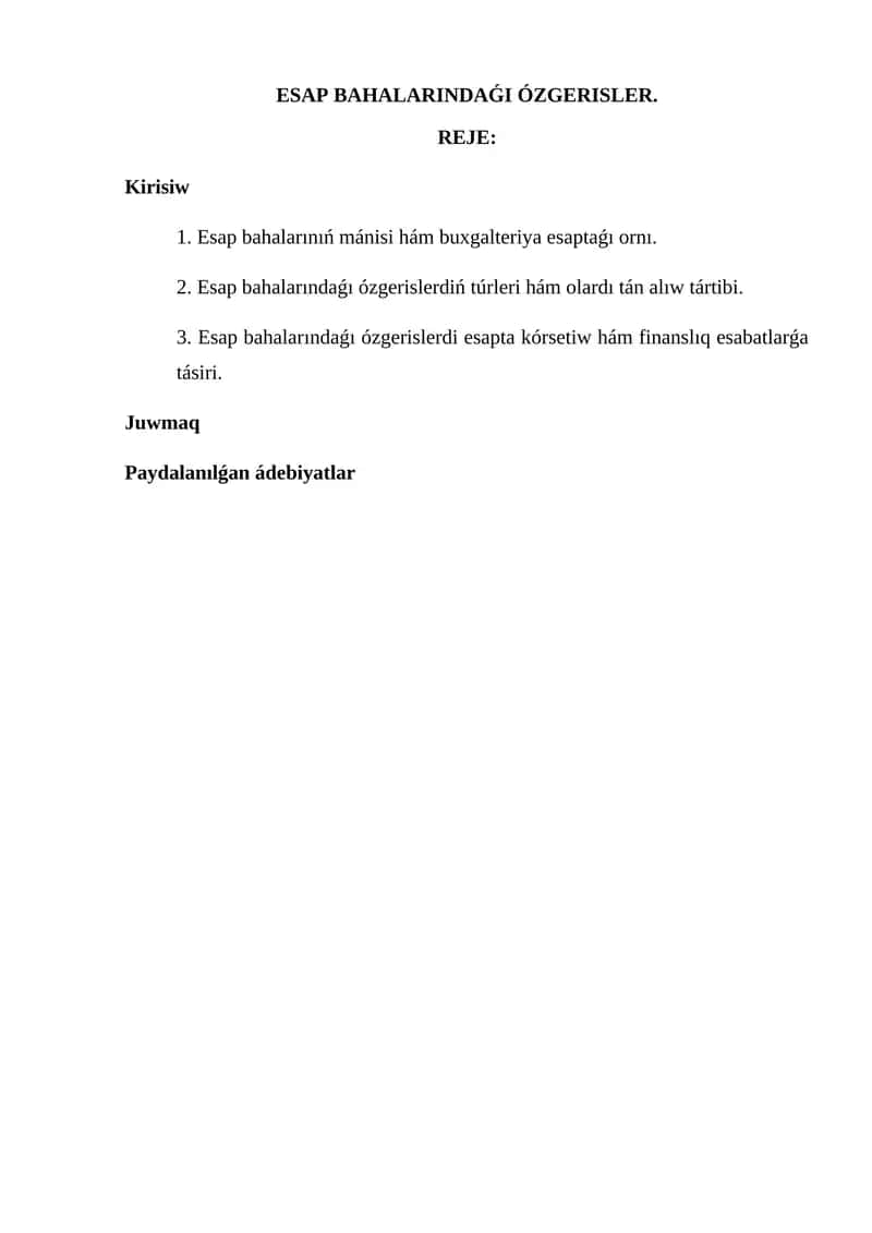 Esap bahalarındaǵı ózgerisler