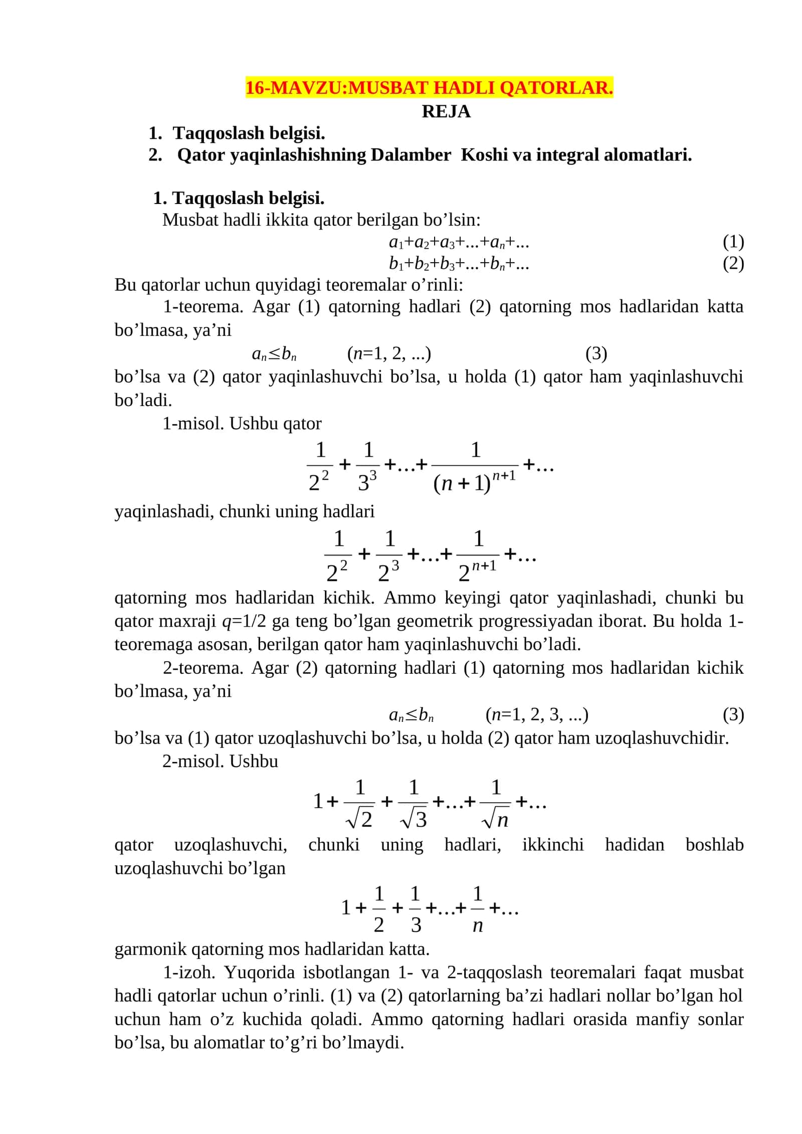 MUSBAT HADLI QATORLAR
