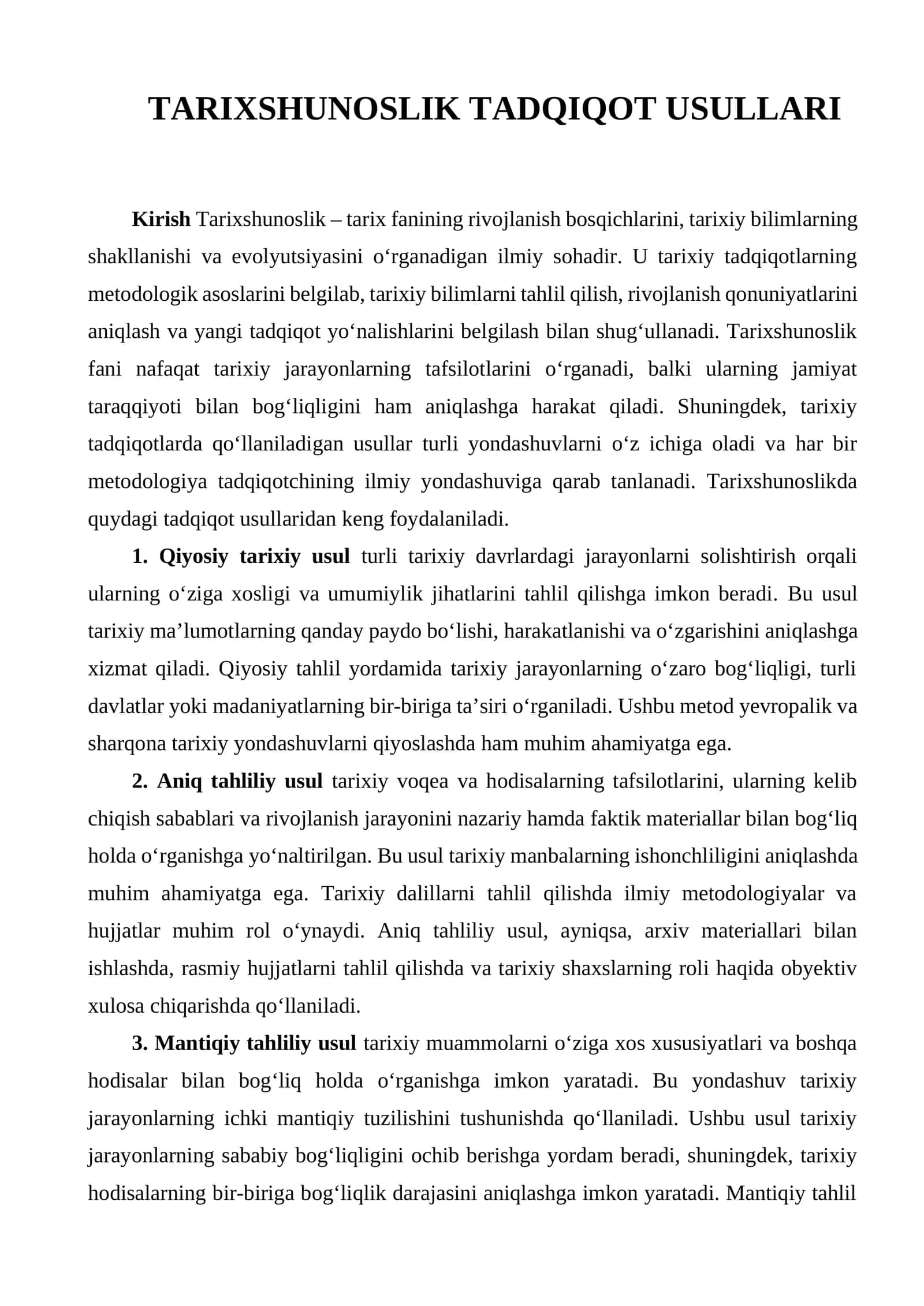 Tarixshunoslikning  tadqiqot usullari 1