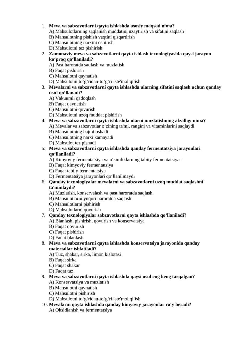 Meva va sabzavotlarni qayta ishlash