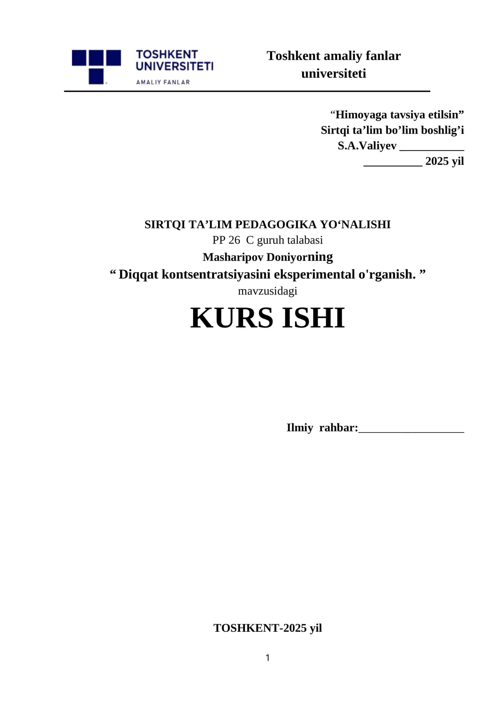 “ Diqqat kontsentratsiyasini eksperimental o'rganish. ” KURS ISHI