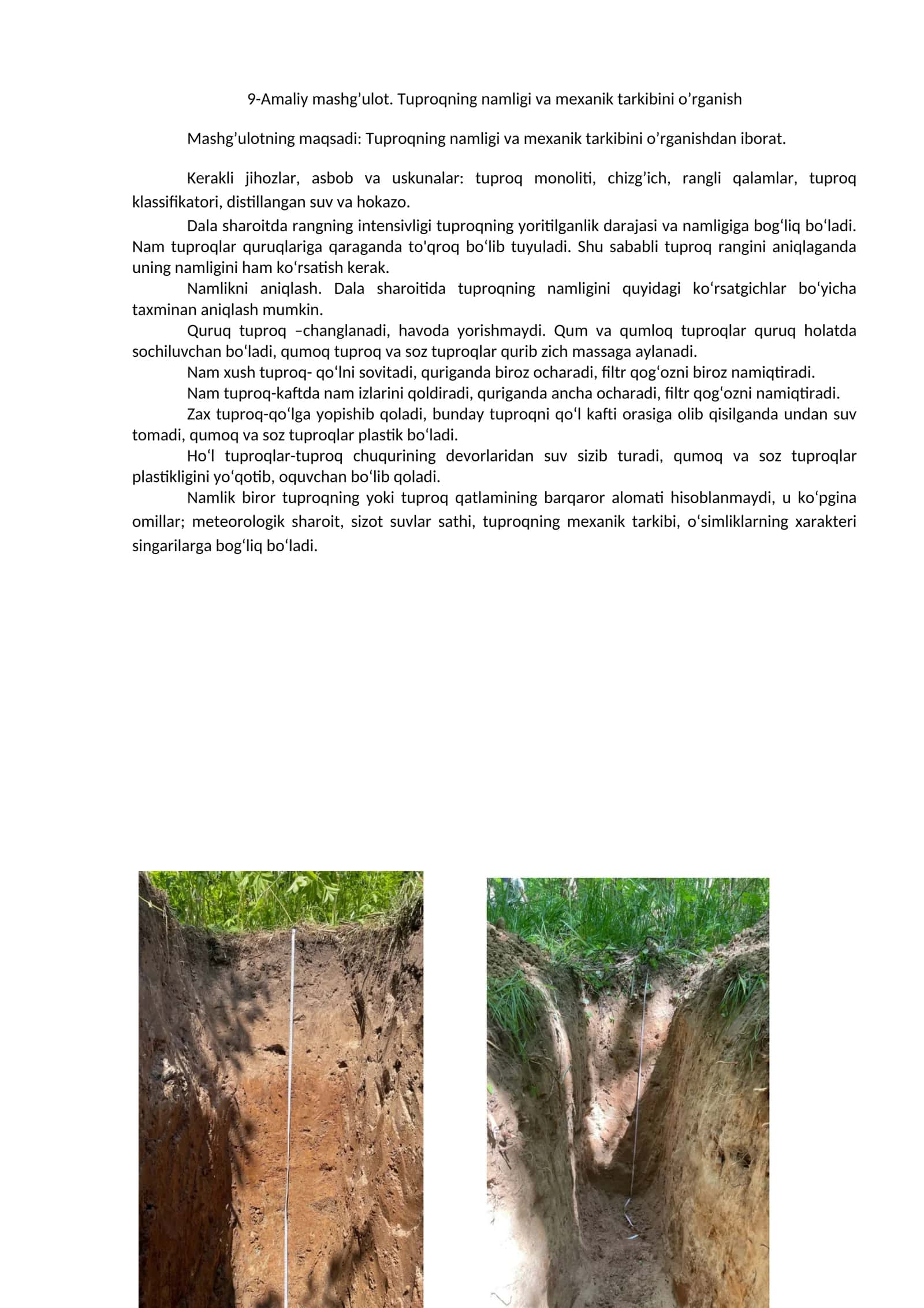 Tuproqning namligi va mexanik tarkibini o'rganish