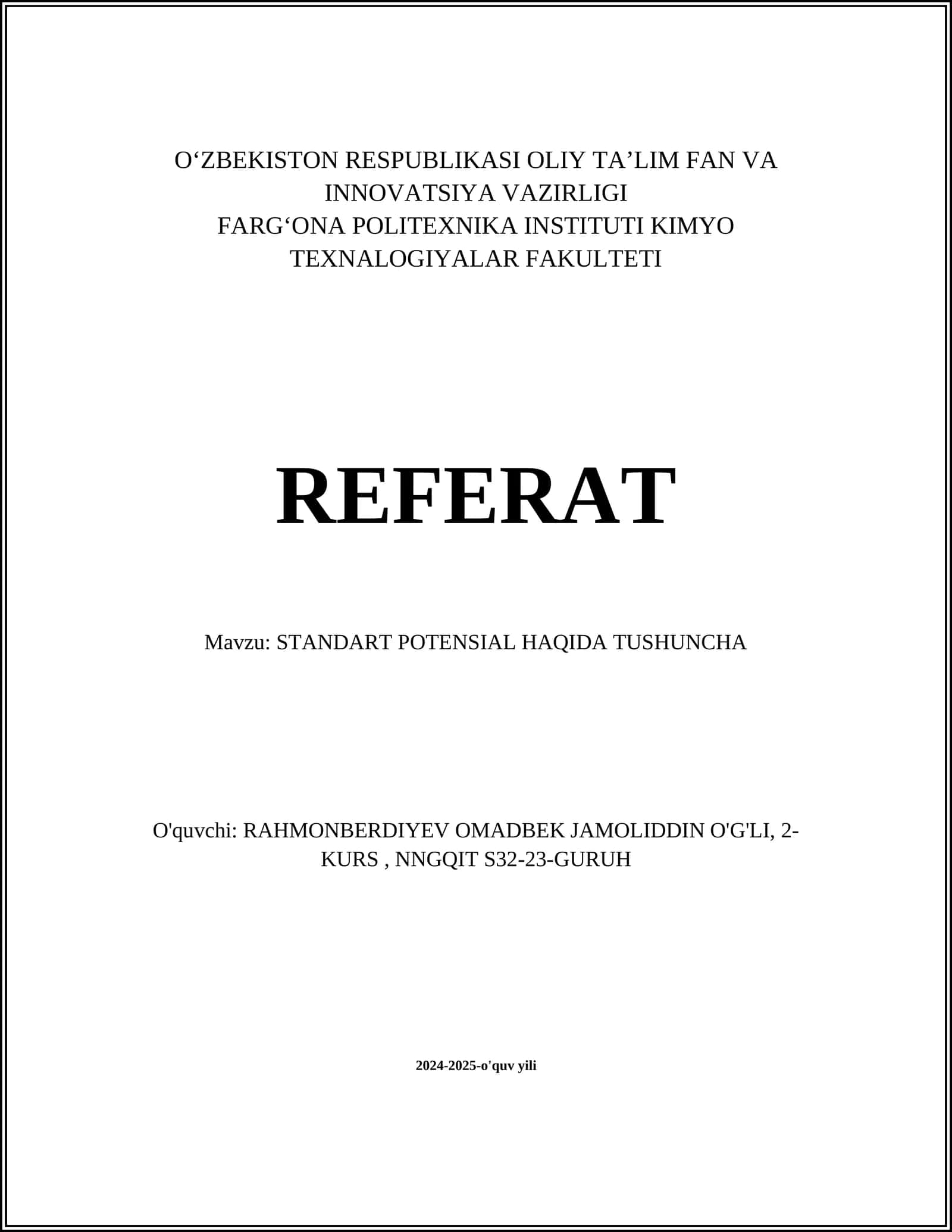 STANDART POTENSIAL HAQIDA TUSHUNCHA