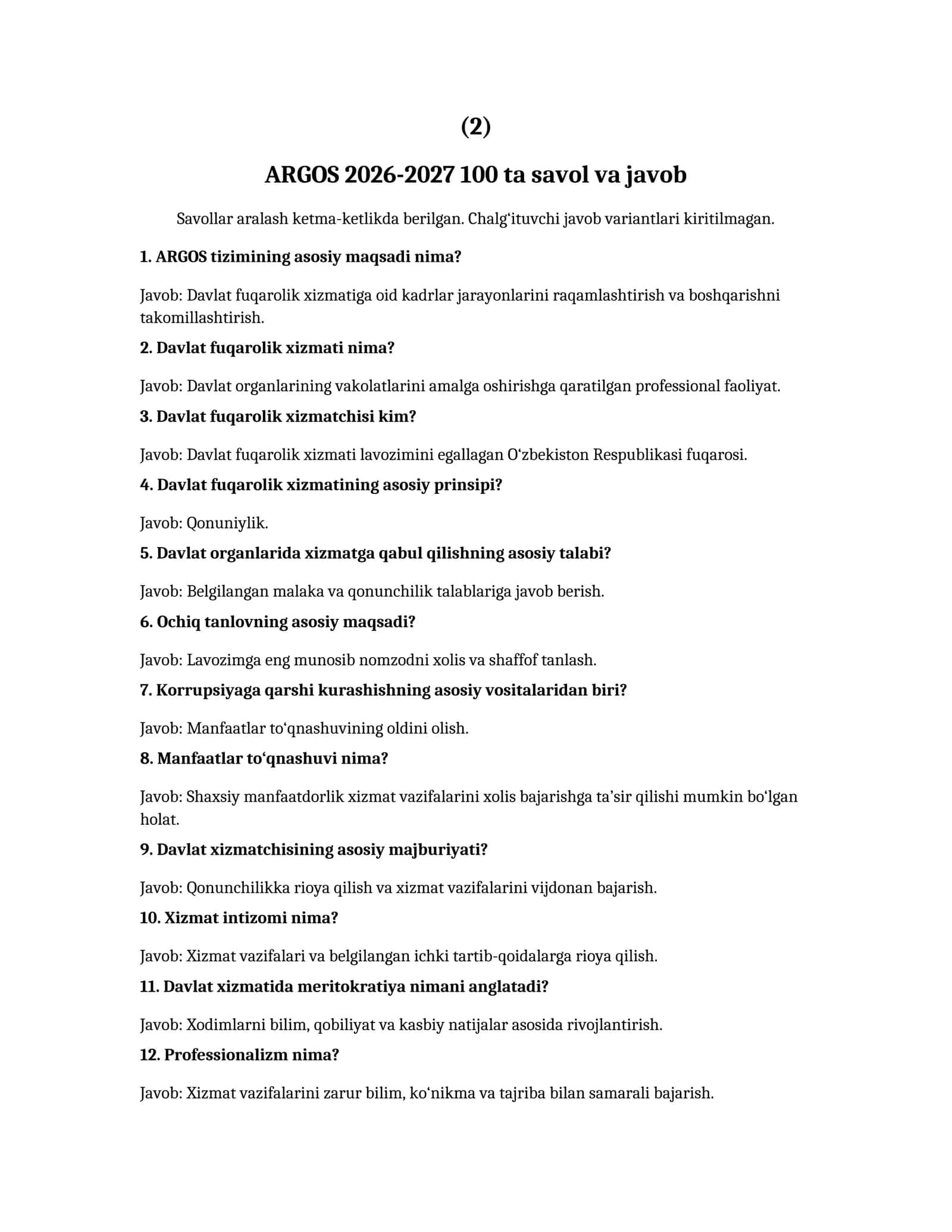 ARGOS 2026-2027 100 ta savol va javob 2-qism