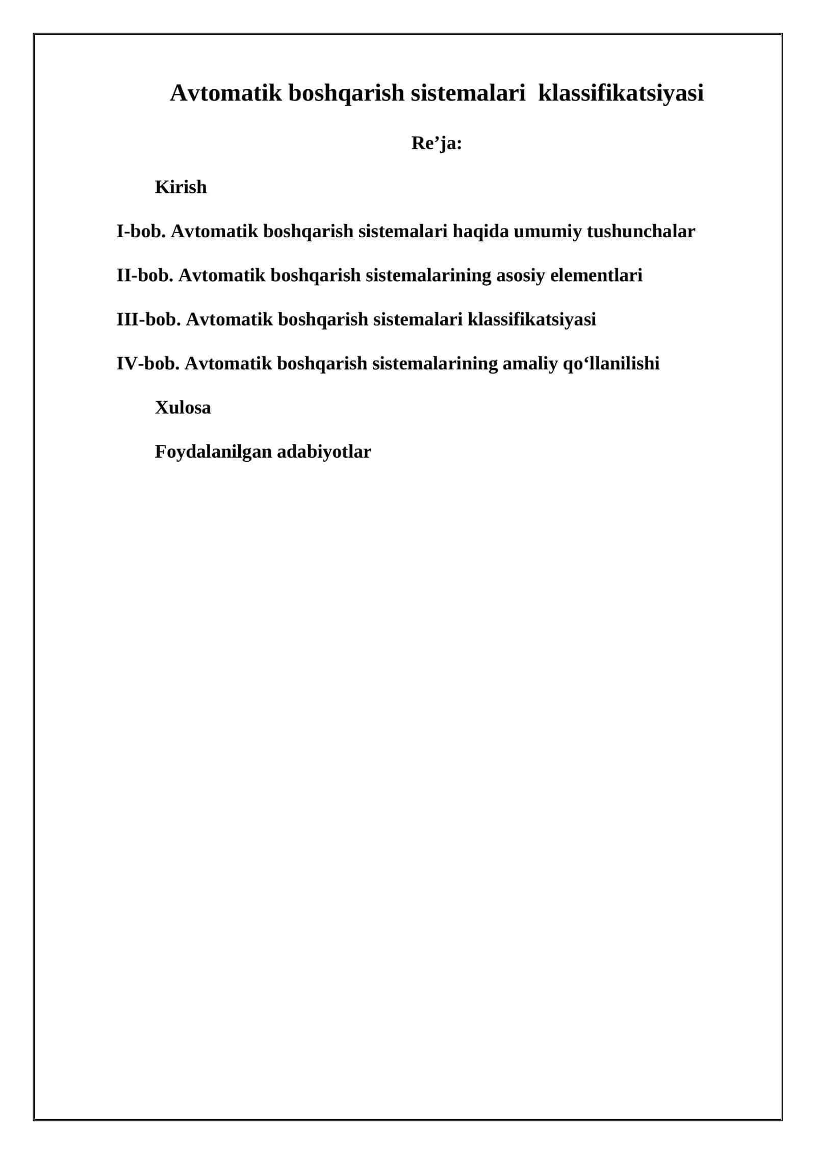 Avtomatik boshqarish sistemalari klassifikatsiyasi