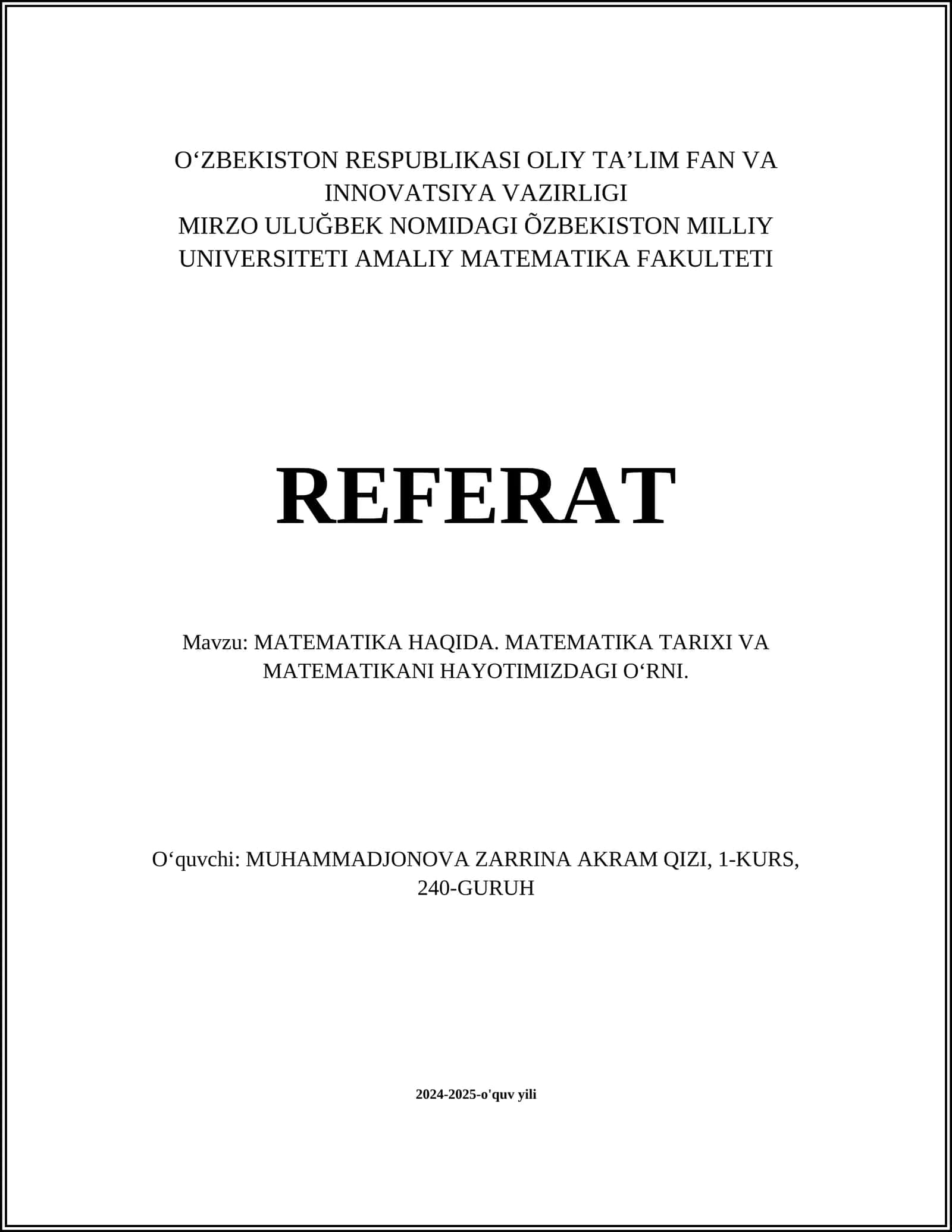 REFERAT MATEMATIKA HAQIDA