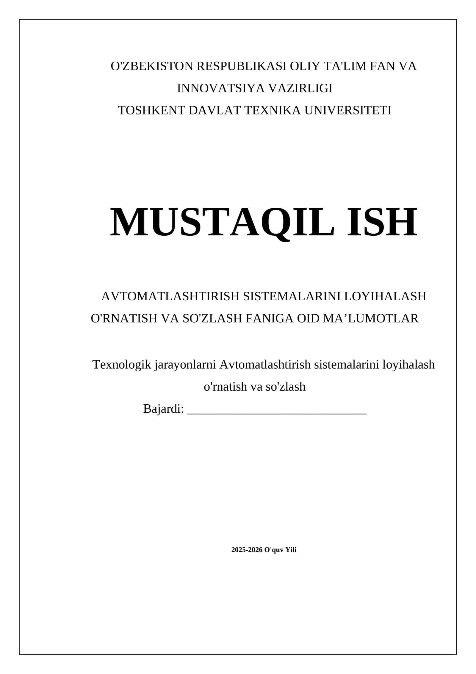 Avtomatlashtirish Sistemalarini Loyihalash O'rnatish va So'zlash Faniga oid Ma'lumotlar