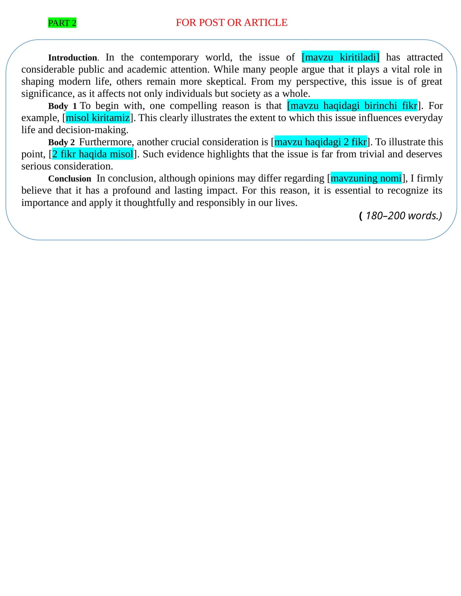 writing part 2 tayyor c1 darajada shablon