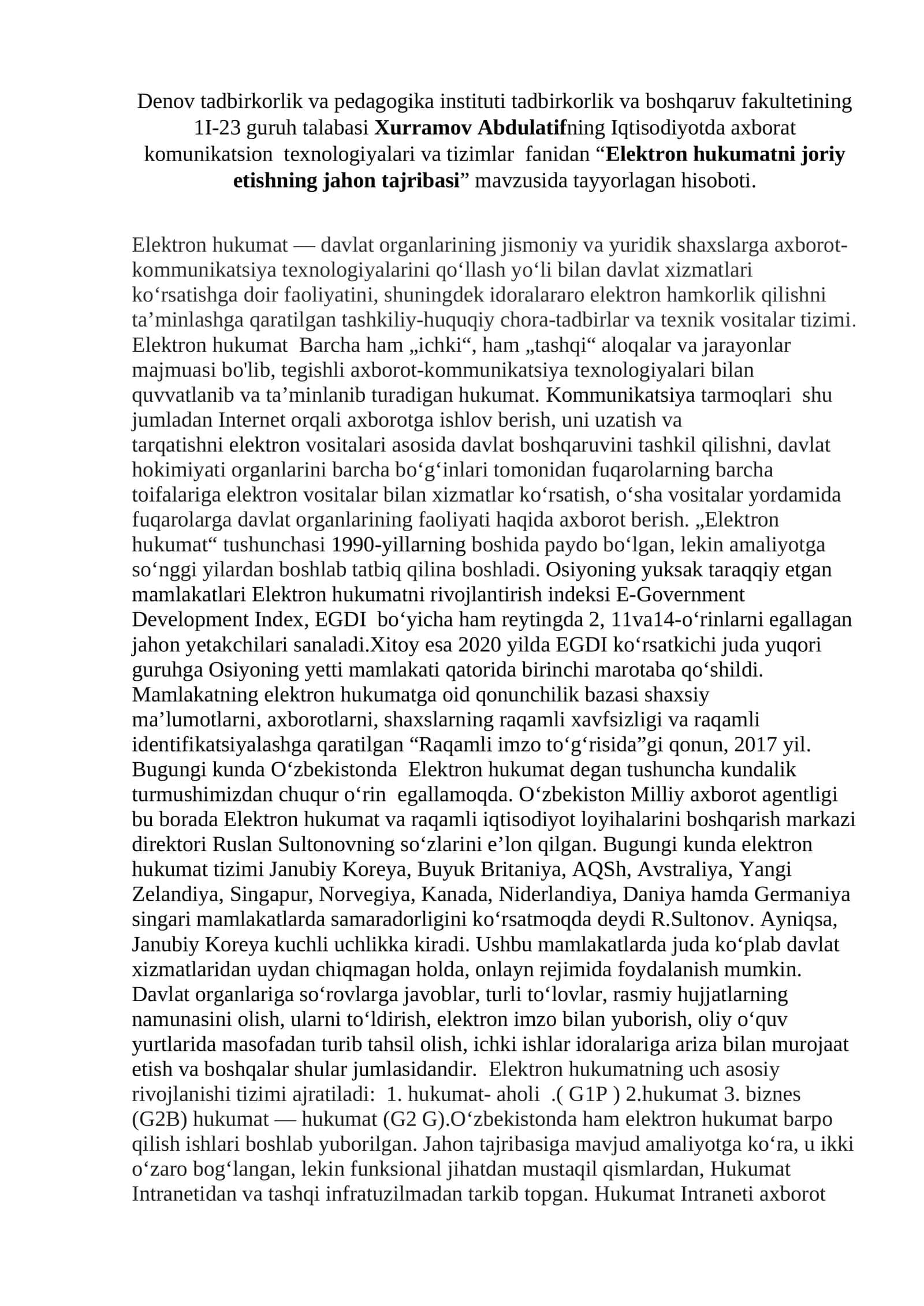 Elektron hukumatni joriy etishning jahon tajribasi