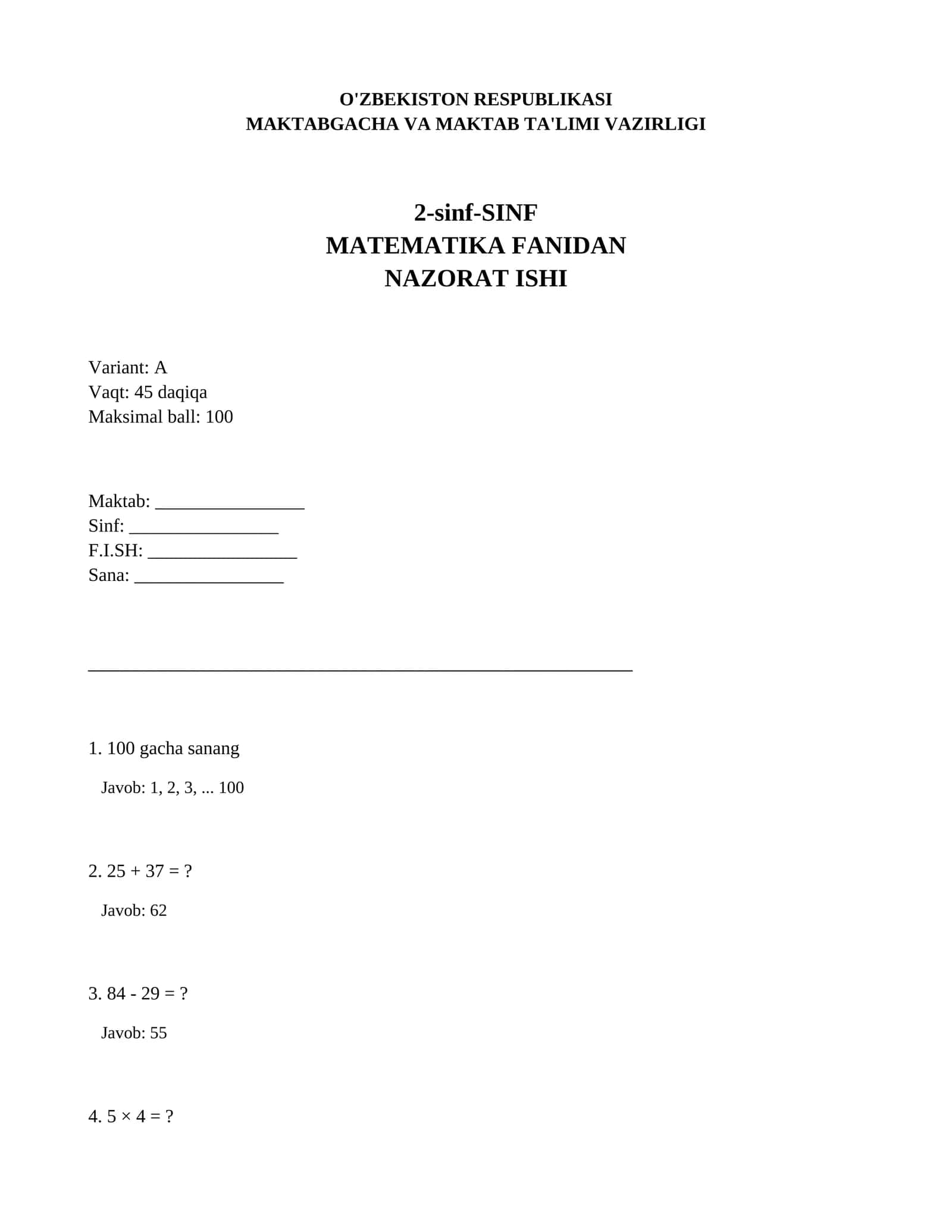 2-sinf-SINF MATEMATIKA FANIDAN NAZORAT ISHI Variant: A