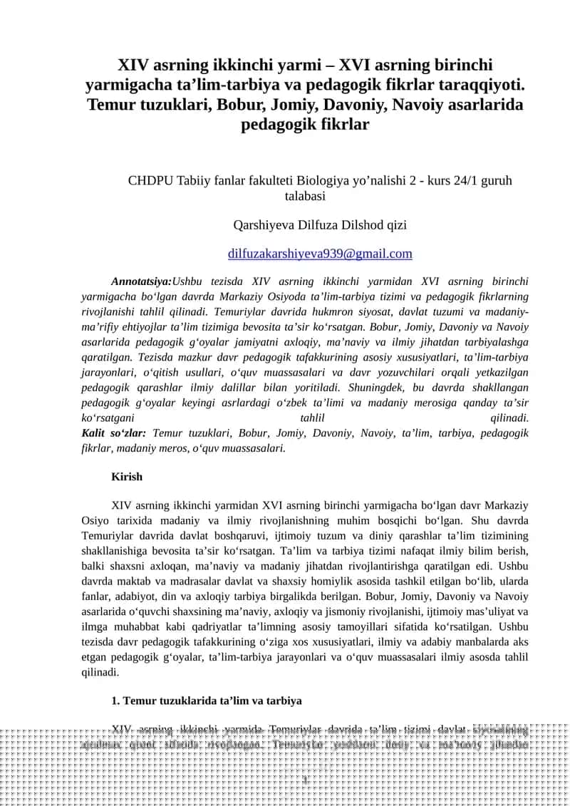 XIV asrning ikkinchi yarmi – XVI asrning birinchi yarmigacha taʼlim-tarbiya va pedagogik fikrlar taraqqiyoti