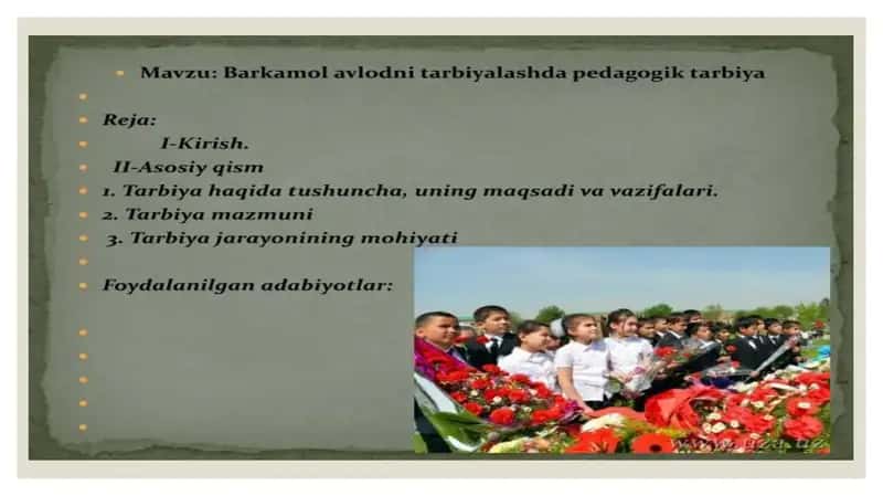 Shaxsning rivojlanishi, tarbiyasi va ijtimoiylashuvi.                        Reja: 1.Shaxsning rivojlanishi 2.Tarbiyalash  3.Ijtimoiylashuv 4.Shaxsning rivojlanishiga ta’sir qiluvchi omillar  5.Tarbiyaning asosiy vazifasi