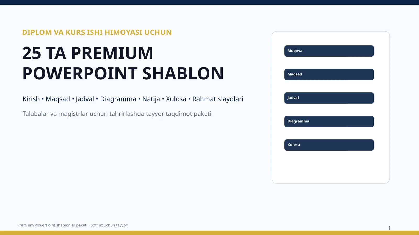 DIPLOM VA KURS ISHI HIMOYASI UCHUN 25 TA PREMIUM POWERPOINT SHABLON