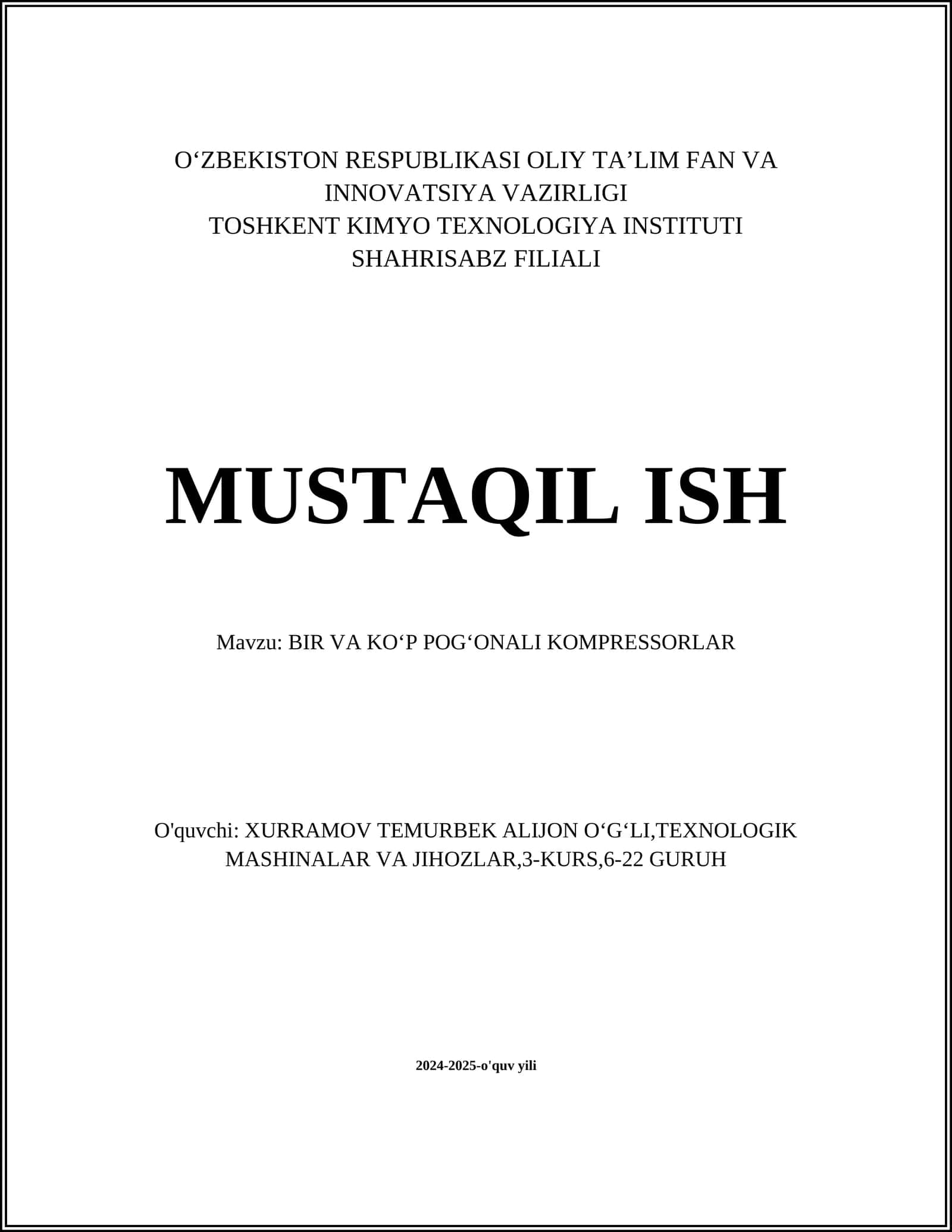 BIR VA KOʻP POGʻONALI KOMPRESSORLAR