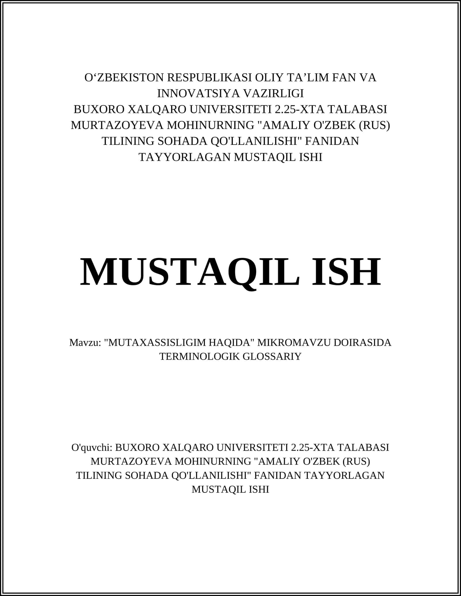 "MUTAXASSISLIGIM HAQIDA" MIKROMAVZU DOIRASIDA TERMINOLOGIK GLOSSARIY