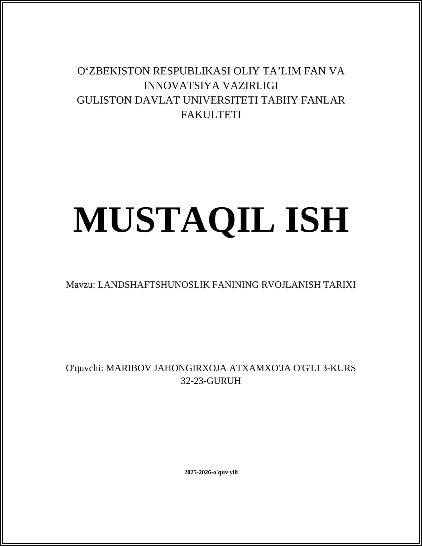 LANDSHAFTSHUNOSLIK FANINING RVOJLANISH TARIXI