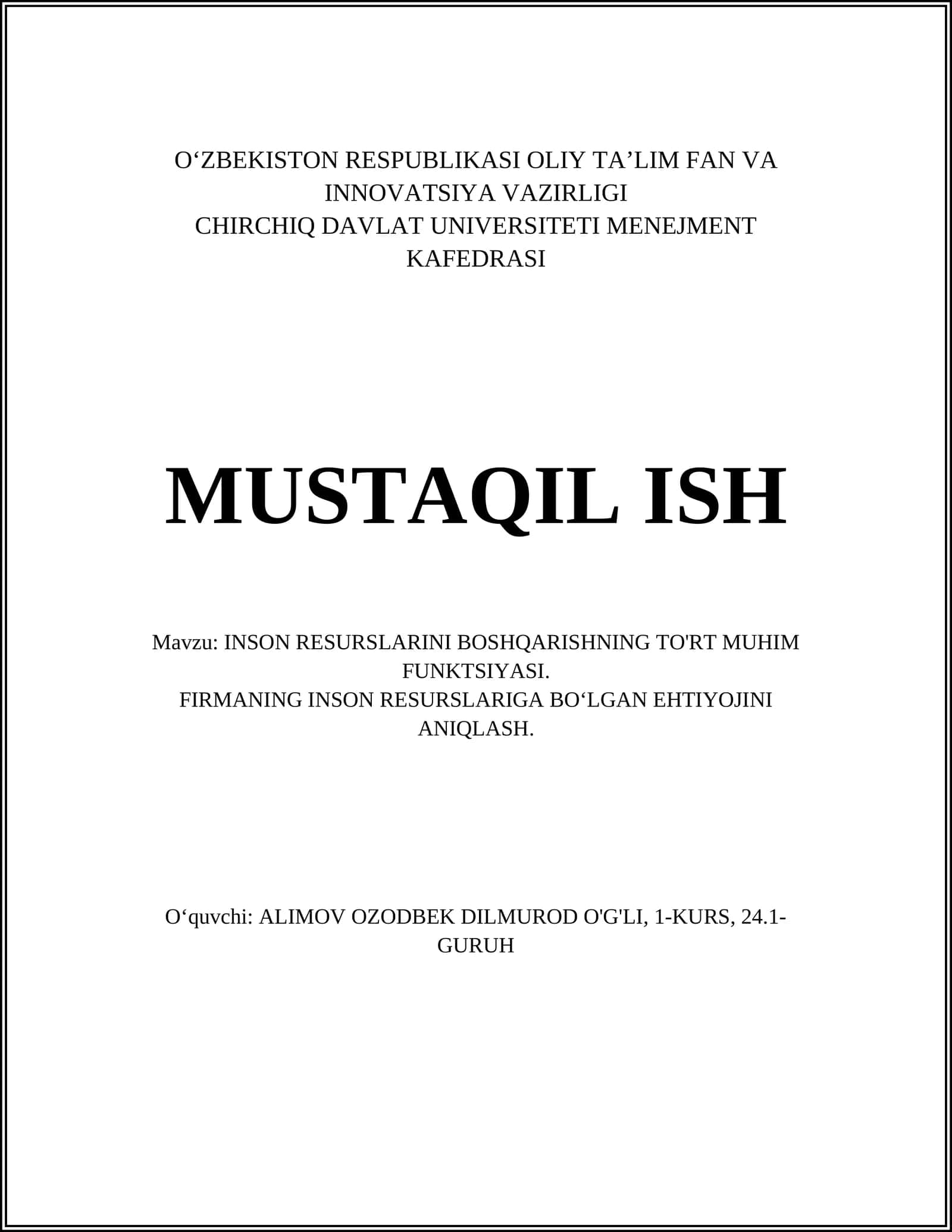 INSON RESURSLARINI BOSHQARISHNING TO'RT MUHIM FUNKTSIYASI