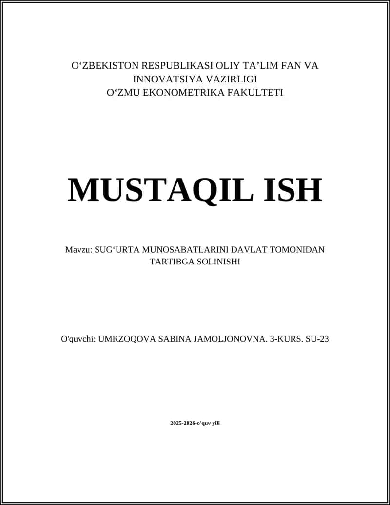 Sugʻurta Munosabatlarini Davlat Tomonidan Tartibga Solinishi
