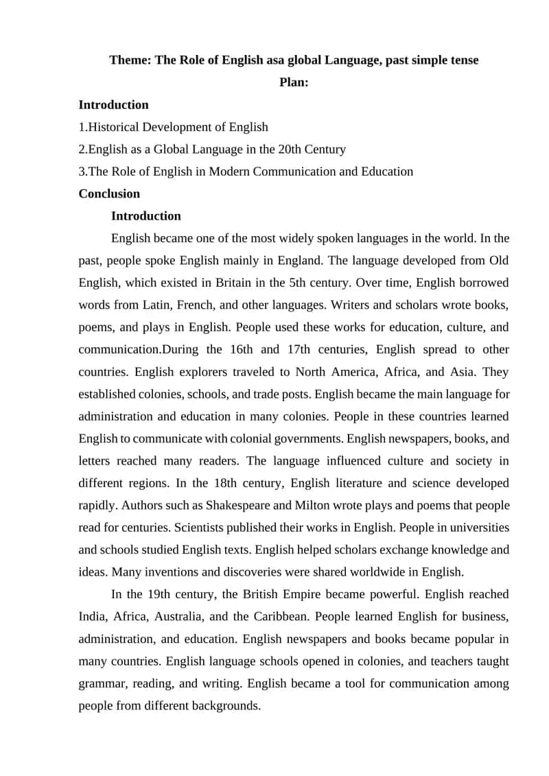 The Role of English asa global Language, past simple tense