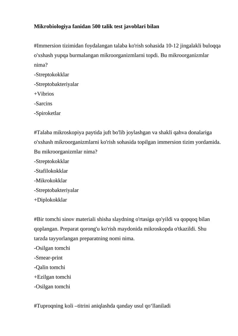 Mikrobiologiya fanidan 500 talik test javoblari bilan